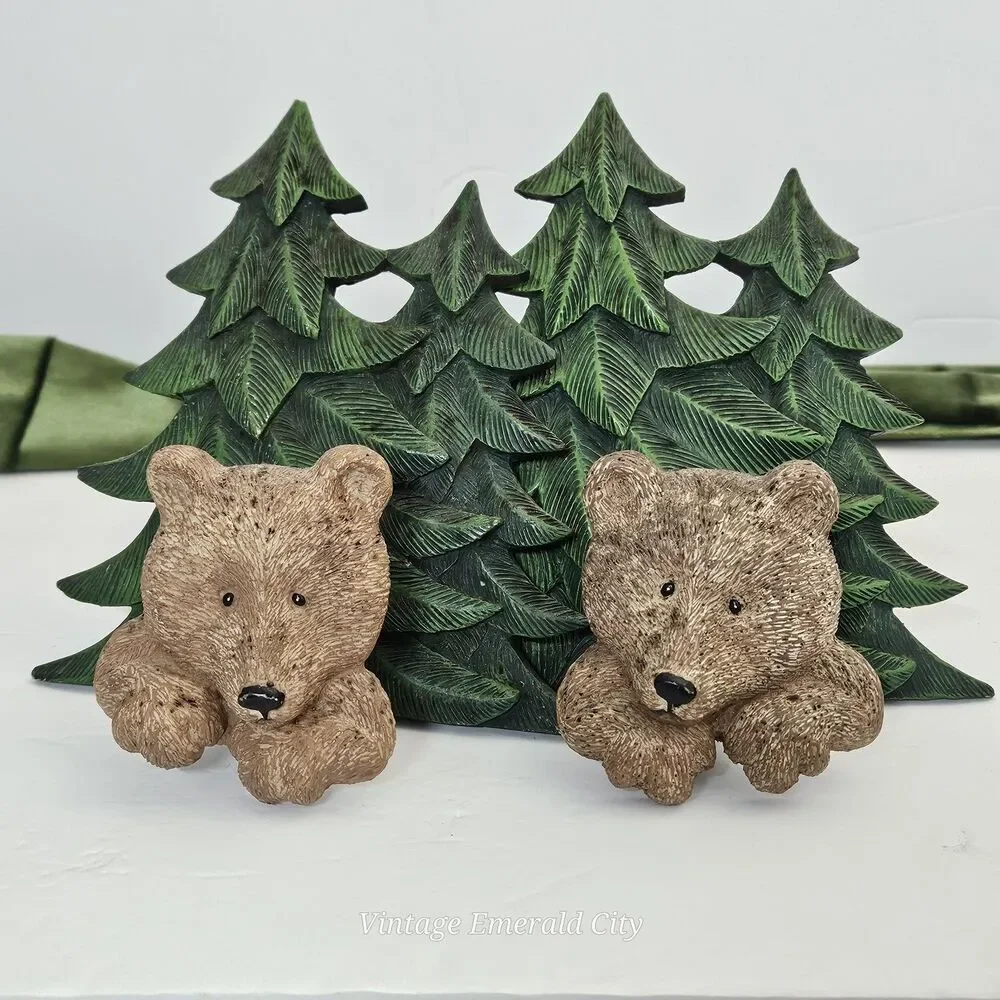 Vtg 3D Resin Brown Bear Pine Tree Towel Holder Hooks Rustic Cabin decor Set of 2